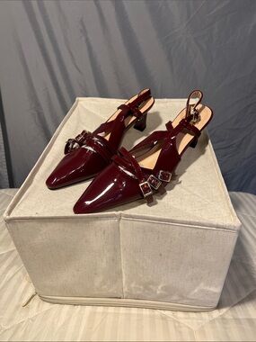SHEIN Burgundy Patent Pointed Slingback Heels with Buckles